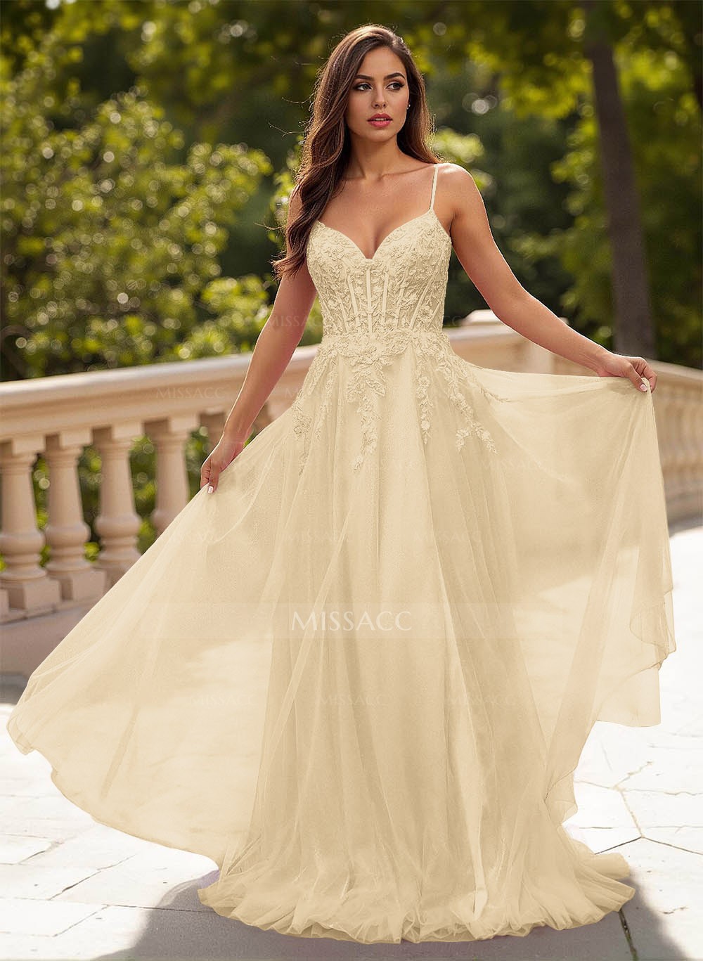 Sweet \u0026 Flow A-Line V-Neck Lace/Tulle/Silk Like Satin Prom Dresses With  Appliques Lace - Missacc, image size:1000x1367