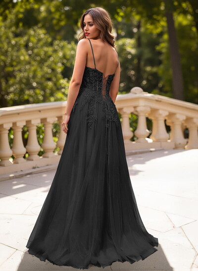 Sweet & Flow A-Line V-Neck Lace/Tulle/Silk Like Satin Prom Dresses With Appliques Lace