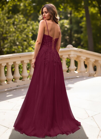Sweet & Flow A-Line V-Neck Lace/Tulle/Silk Like Satin Prom Dresses With Appliques Lace