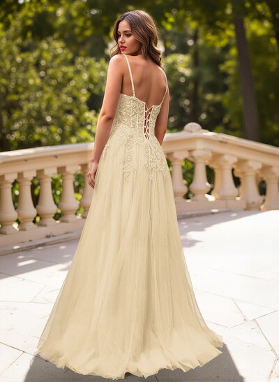 Sweet & Flow A-Line V-Neck Lace/Tulle/Silk Like Satin Prom Dresses With Appliques Lace