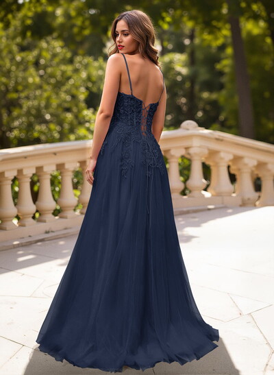 Sweet & Flow A-Line V-Neck Lace/Tulle/Silk Like Satin Prom Dresses With Appliques Lace