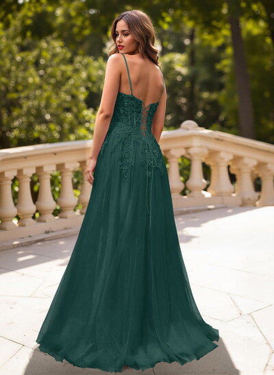 Sweet & Flow A-Line V-Neck Lace/Tulle/Silk Like Satin Prom Dresses With Appliques Lace