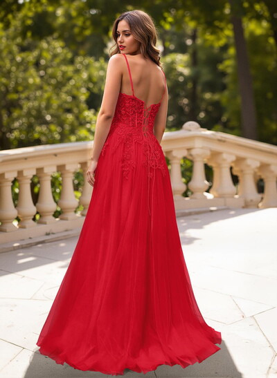 Sweet & Flow A-Line V-Neck Lace/Tulle/Silk Like Satin Prom Dresses With Appliques Lace