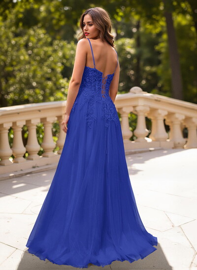 Sweet & Flow A-Line V-Neck Lace/Tulle/Silk Like Satin Prom Dresses With Appliques Lace