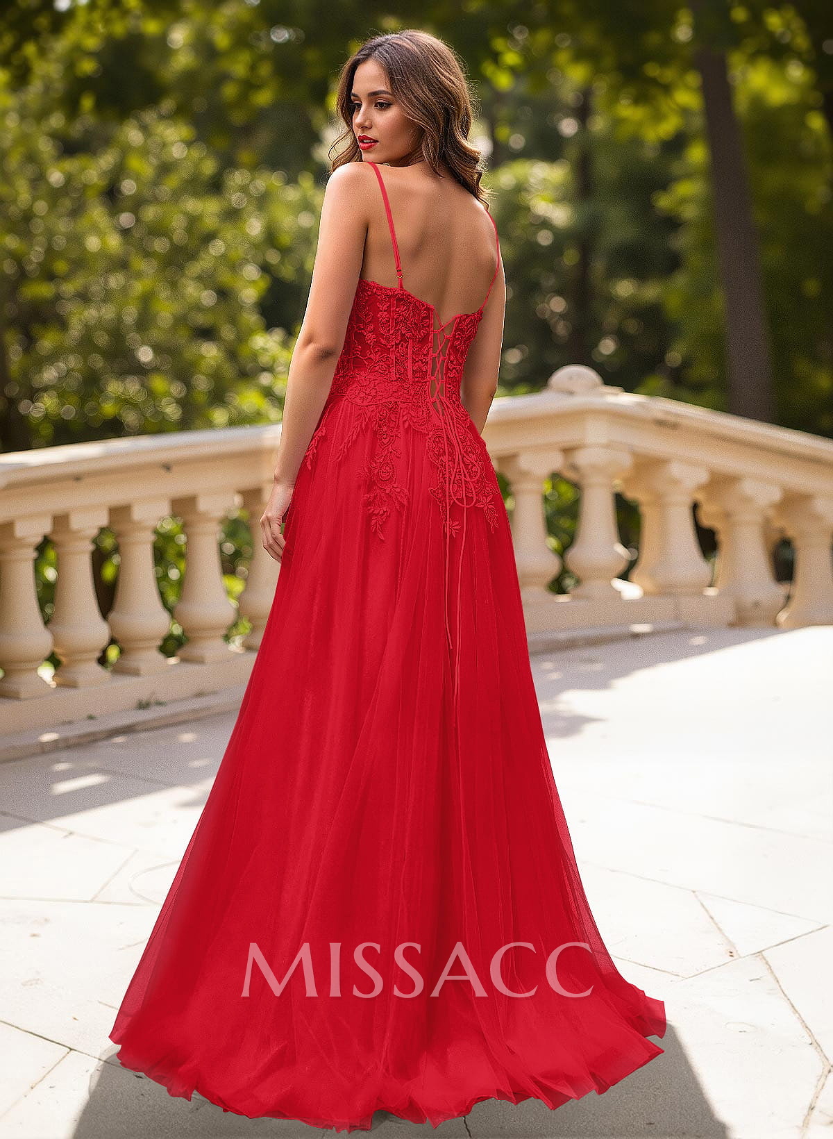 Sweet & Flow A-Line V-Neck Lace/Tulle/Silk Like Satin Prom Dresses With Appliques Lace