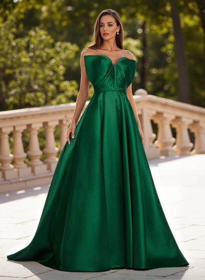 Unique Sleeveless A-Line Sweep Train Satin Prom Dresses With Bow(s)