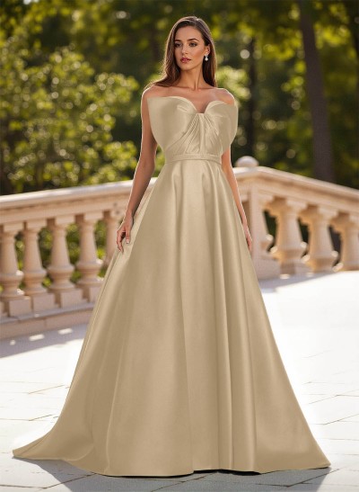 Unique Sleeveless A-Line Sweep Train Satin Prom Dresses With Bow(s)