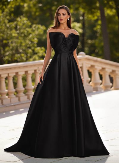 Unique Sleeveless A-Line Sweep Train Satin Prom Dresses With Bow(s)