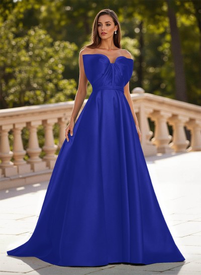 Unique Sleeveless A-Line Sweep Train Satin Prom Dresses With Bow(s)