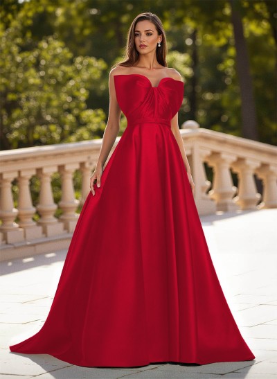 Unique Sleeveless A-Line Sweep Train Satin Prom Dresses With Bow(s)