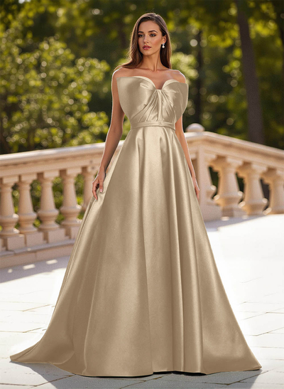 Unique Sleeveless A-Line Sweep Train Satin Prom Dresses With Bow(s)