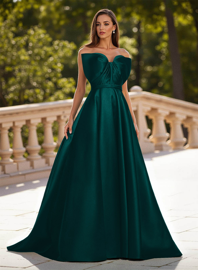 Unique Sleeveless A-Line Sweep Train Satin Prom Dresses With Bow(s)