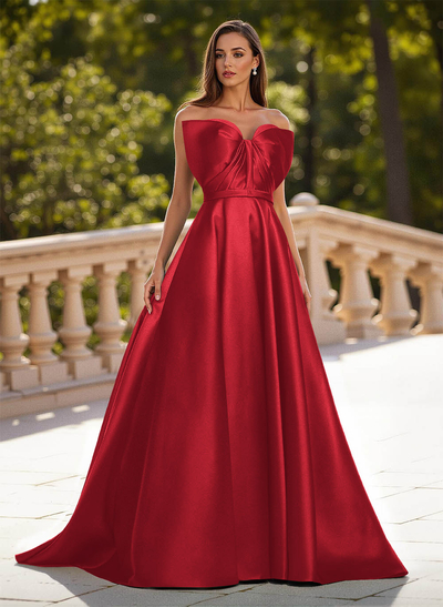 Unique Sleeveless A-Line Sweep Train Satin Prom Dresses With Bow(s)