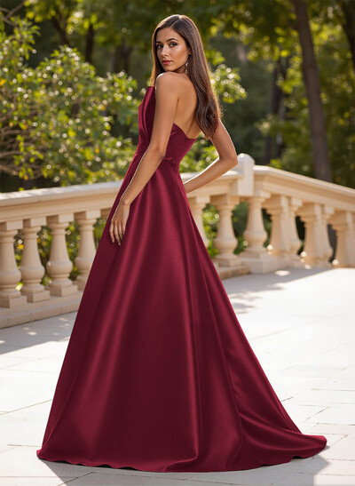Unique Sleeveless A-Line Sweep Train Satin Prom Dresses With Bow(s)