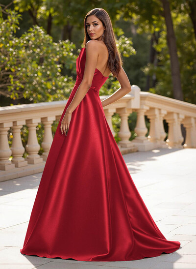 Unique Sleeveless A-Line Sweep Train Satin Prom Dresses With Bow(s)