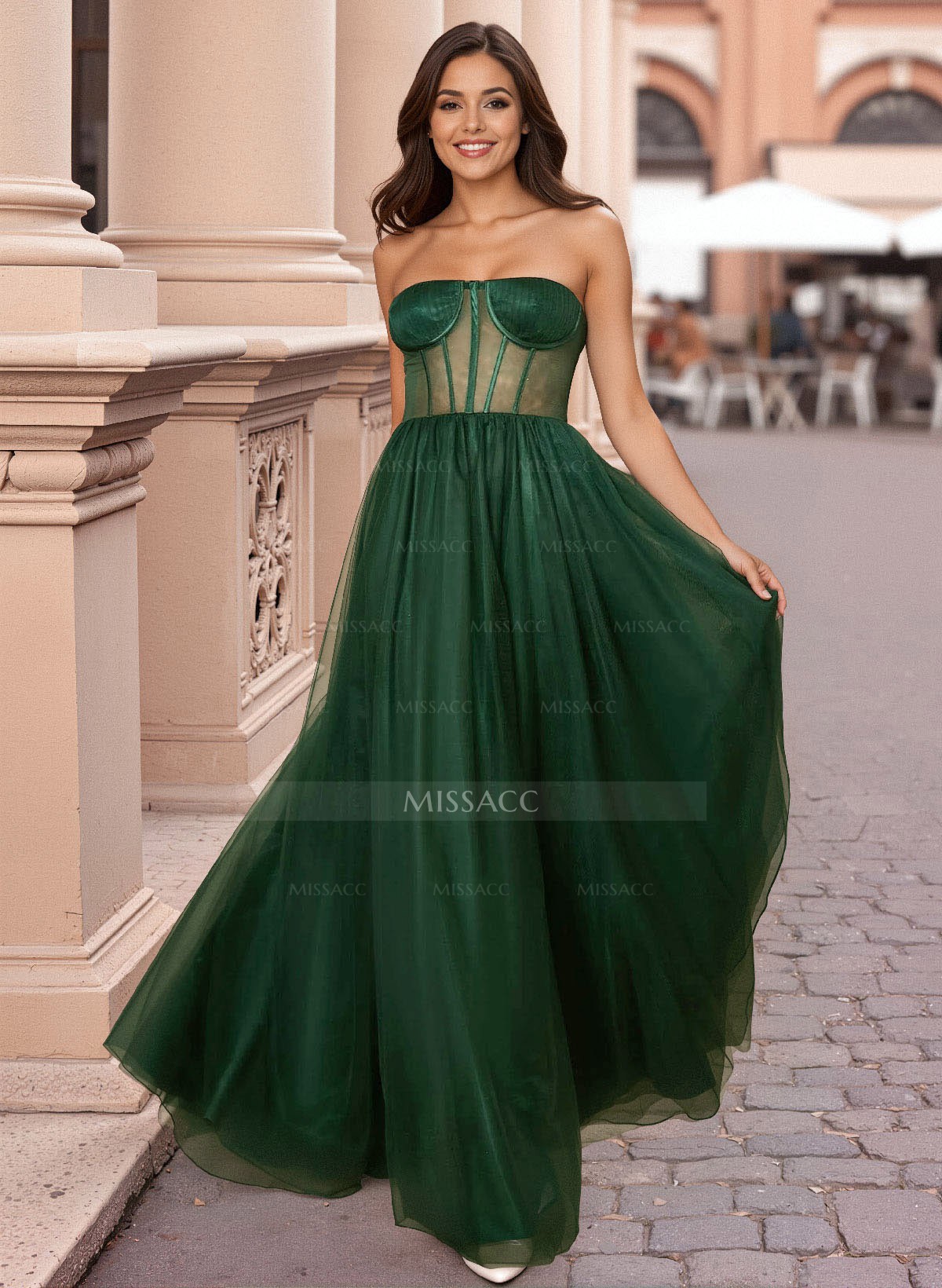 Dreamy Illusion Corset A-Line Floor-Length Tulle Prom Dresses