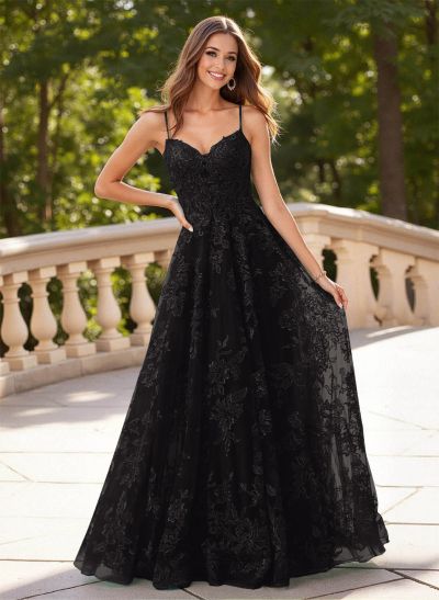 Dreamy V-Neck Spaghetti Straps A-Line Sweep Train Lace/Tulle Prom Dresses