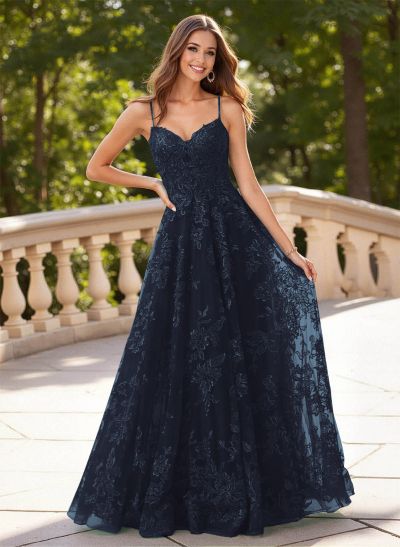 Dreamy V-Neck Spaghetti Straps A-Line Sweep Train Lace/Tulle Prom Dresses