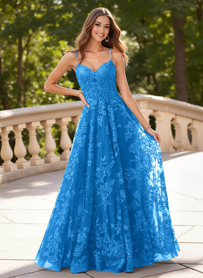 Dreamy V-Neck Spaghetti Straps A-Line Sweep Train Lace/Tulle Prom Dresses