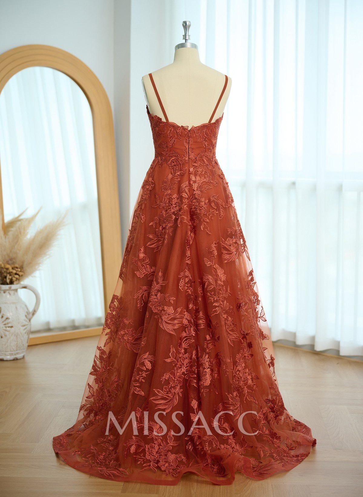 Dreamy V-Neck Spaghetti Straps A-Line Sweep Train Lace/Tulle Prom Dresses Dreamy V-Neck Spaghetti Straps A-Line Sweep Train Lace/Tulle Prom Dresses