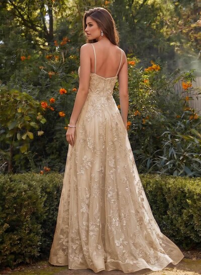 Dreamy V-Neck Spaghetti Strap A-Line Sweep Train Lace & Tulle Formal Dresses