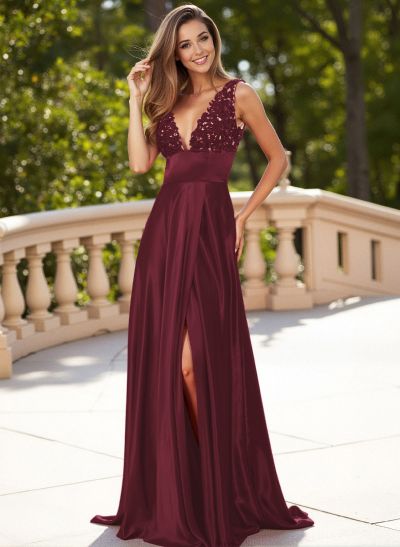 Elegant Lace V-Neck A-Line High Split Sweep Train Charmeuse Prom Dresses