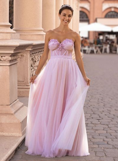 Dreamy Lace Sweetheart Illusion Corset A-Line Floor-Length Tulle Prom Dresses