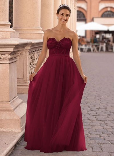 Dreamy Lace Sweetheart Illusion Corset A-Line Floor-Length Tulle Prom Dresses