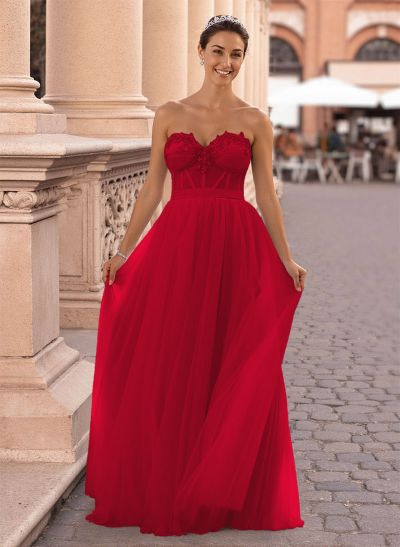Dreamy Lace Sweetheart Illusion Corset A-Line Floor-Length Tulle Prom Dresses