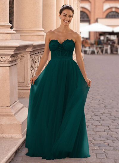 Dreamy Lace Sweetheart Illusion Corset A-Line Floor-Length Tulle Prom Dresses