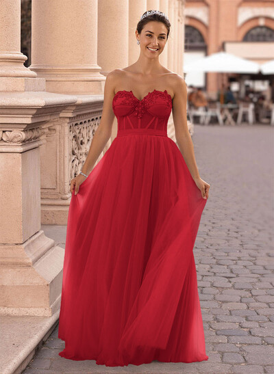 Dreamy Lace Sweetheart Illusion Corset A-Line Floor-Length Tulle Prom Dresses