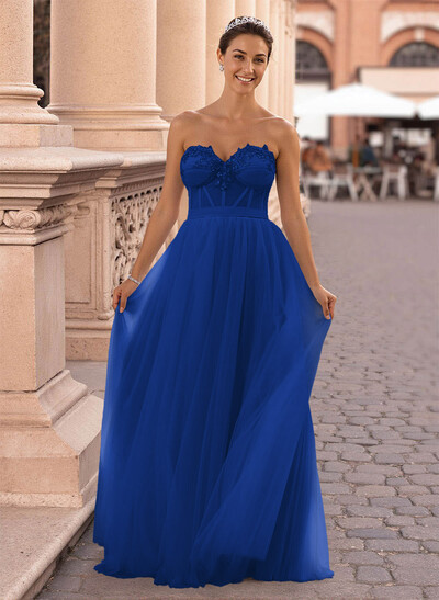 Dreamy Lace Sweetheart Illusion Corset A-Line Floor-Length Tulle Prom Dresses