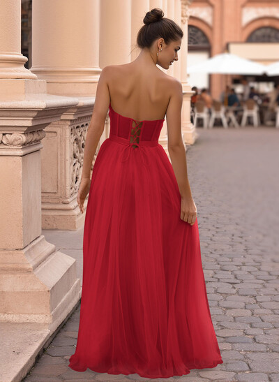 Dreamy Lace Sweetheart Illusion Corset A-Line Floor-Length Tulle Prom Dresses