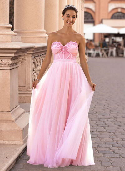 Dreamy Lace Sweetheart Illusion Corset A-Line Floor-Length Tulle Prom Dresses