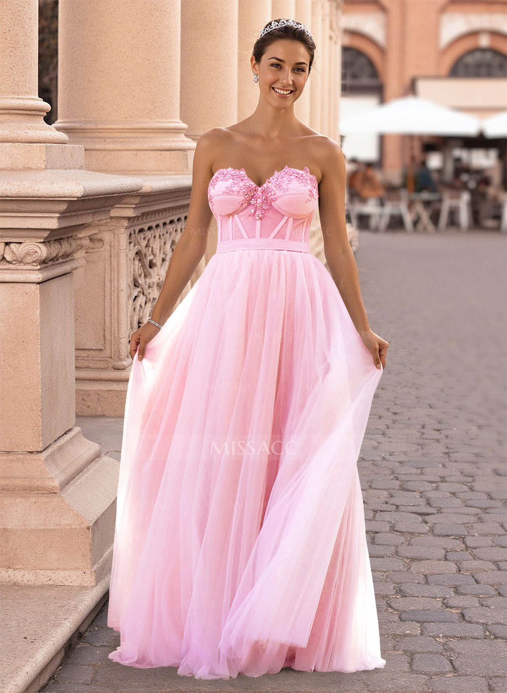 Dreamy Lace Sweetheart Illusion Corset A-Line Floor-Length Tulle Prom Dresses