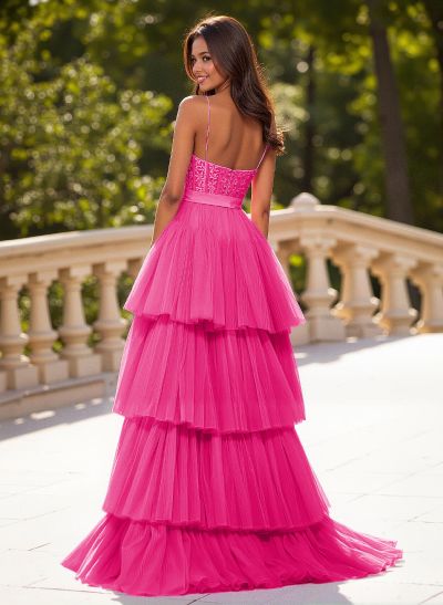 Dreamy V-Neck A-Line Asymmetrical Length Lace/Tulle Prom Dresses With Bow(s)