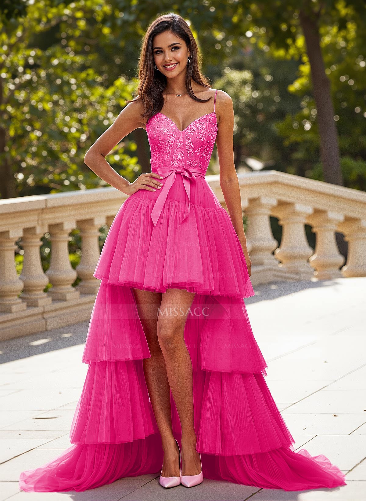 Dreamy V-Neck A-Line Asymmetrical Length Lace/Tulle Prom Dresses With Bow(s)