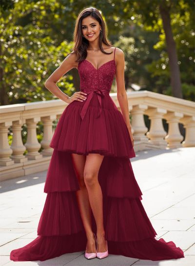Dreamy V-Neck A-Line Asymmetrical Length Lace/Tulle Prom Dresses With Bow(s)