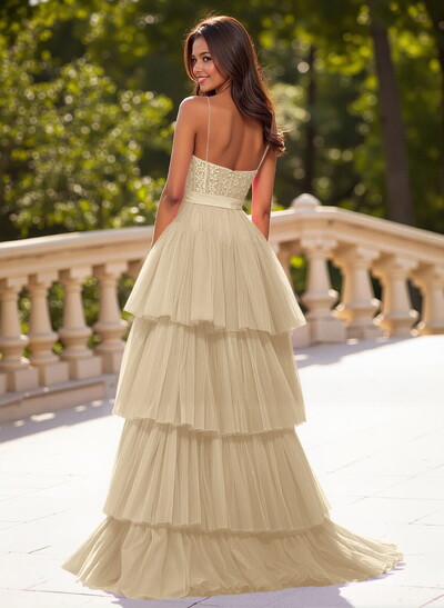Dreamy V-Neck A-Line Asymmetrical Length Lace/Tulle Prom Dresses With Bow(s)