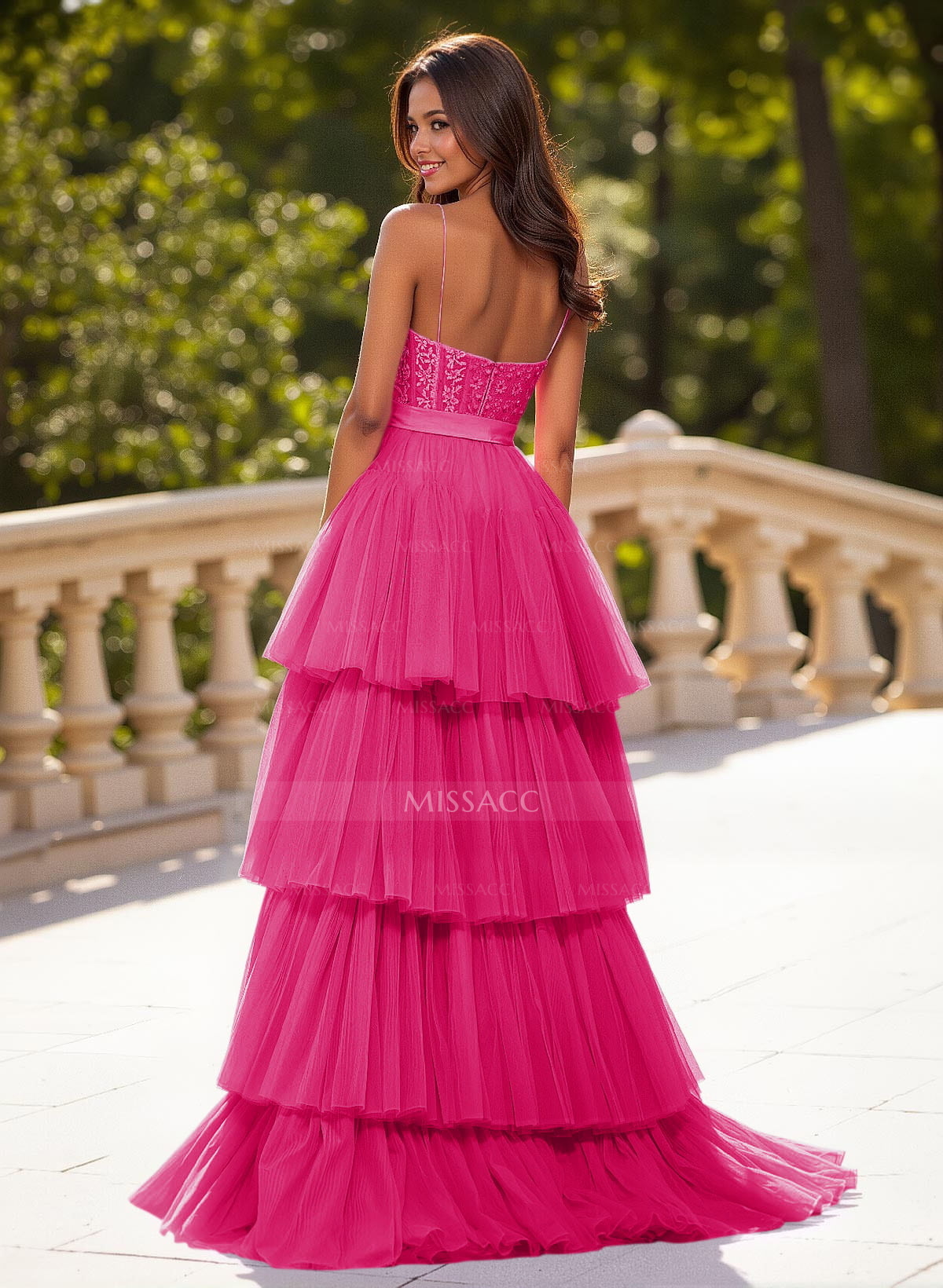 Dreamy V-Neck A-Line Asymmetrical Length Lace/Tulle Prom Dresses With Bow(s)