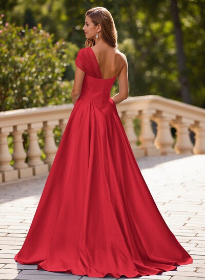 Whimsical A-Line One-Shoulder Satin Prom Dresses