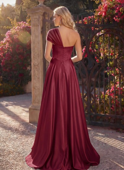 Whimsical A-Line One-Shoulder Satin Prom Dresses