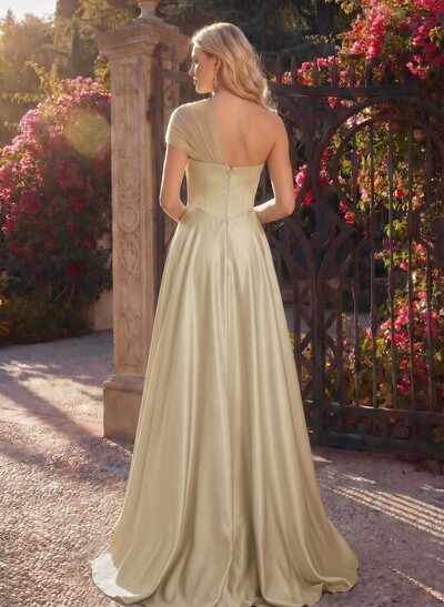 Whimsical A-Line One-Shoulder Satin Prom Dresses