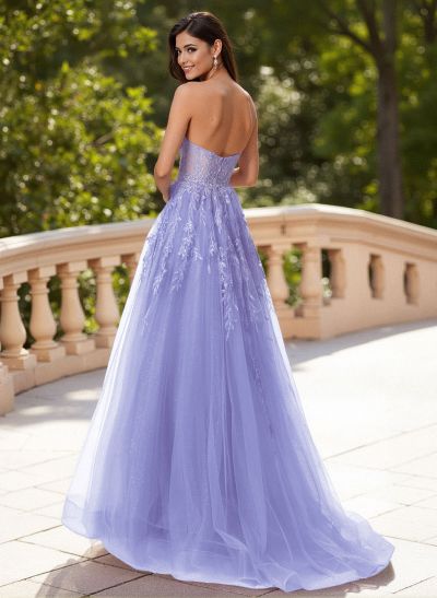 Dreamy Sweetheart Illusion Corset A-Line Sweep Train Lace/Tulle Prom Dresses