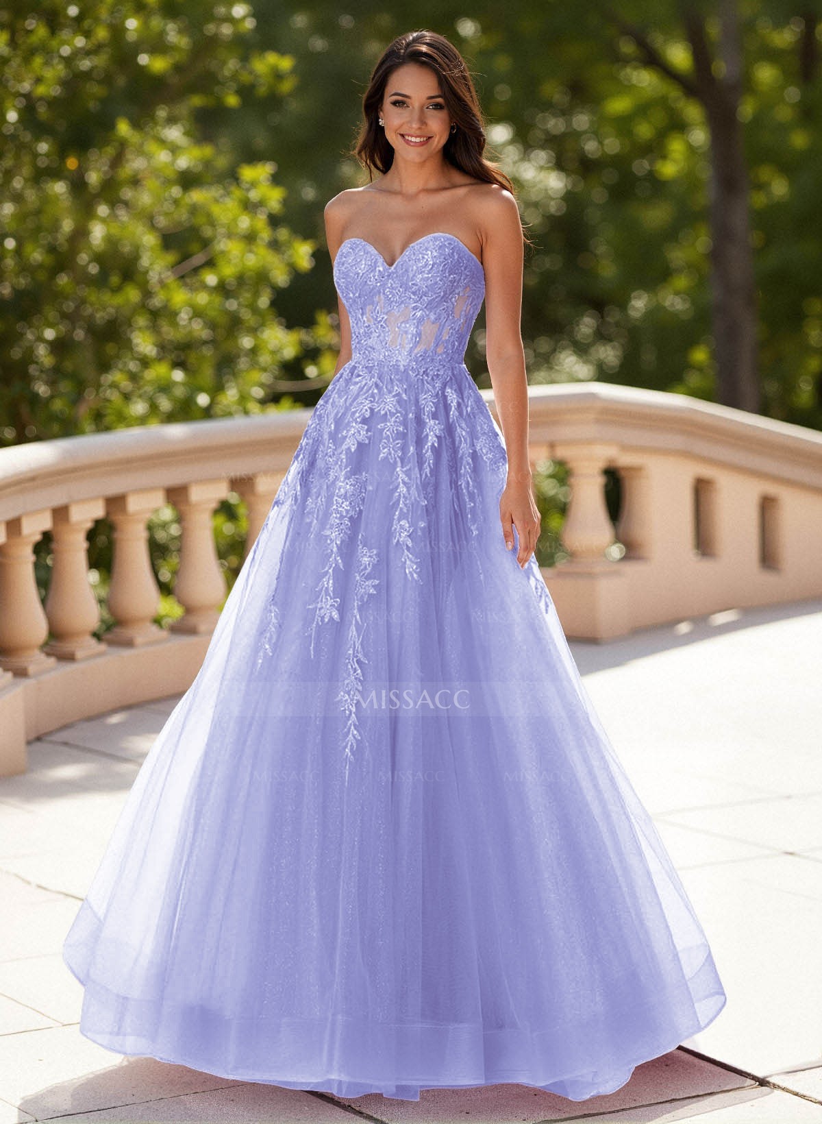 Dreamy Sweetheart Illusion Corset A-Line Sweep Train Lace/Tulle Prom Dresses