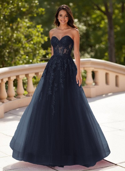 Dreamy Sweetheart Illusion Corset A-Line Sweep Train Lace/Tulle Prom Dresses
