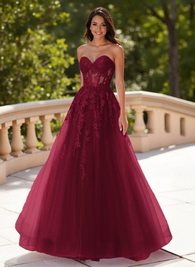 Dreamy Sweetheart Illusion Corset A-Line Sweep Train Lace/Tulle Prom Dresses