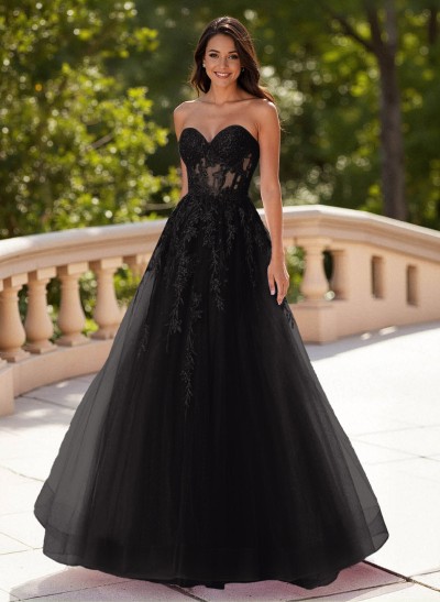 Dreamy Sweetheart Illusion Corset A-Line Sweep Train Lace/Tulle Prom Dresses