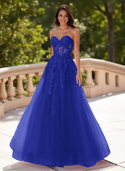 Dreamy Sweetheart Illusion Corset A-Line Sweep Train Lace/Tulle Prom Dresses