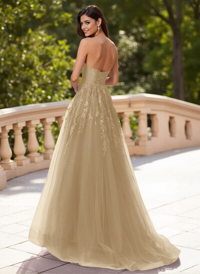 Dreamy Sweetheart Illusion Corset A-Line Sweep Train Lace/Tulle Prom Dresses